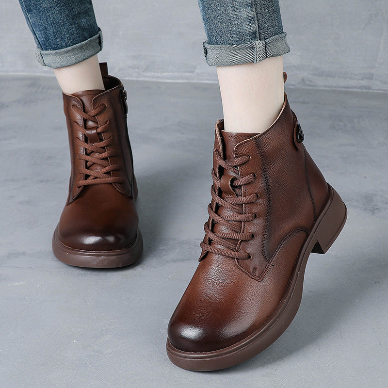 Women’s British Style Leather Lace-Up Ankle Boots – Retro Block Heel Boots
