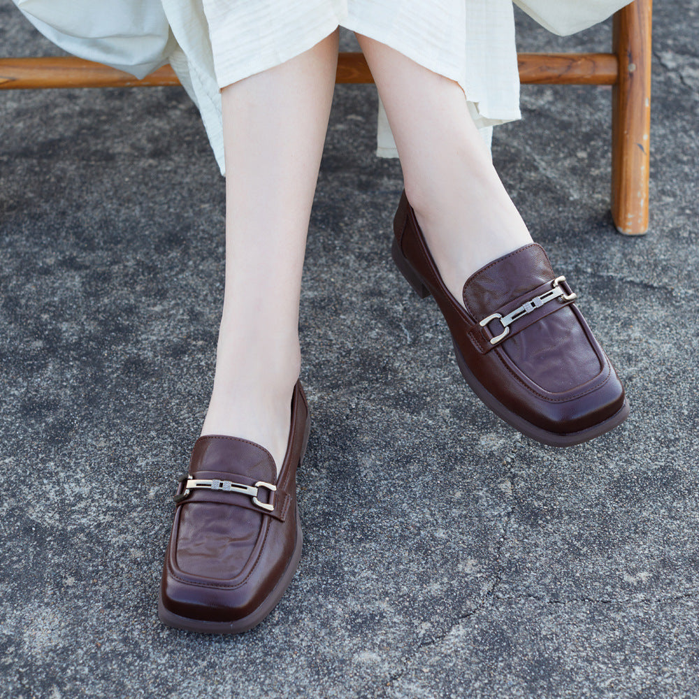 Women's Premium Unlined Leather Loafers - Elegant Metal Buckle Walking Flats