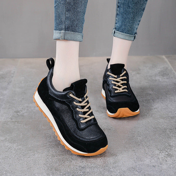 Women's Vintage-Style Mixed Texture Leather Runners - Breathable Cowhide Walking Shoes
