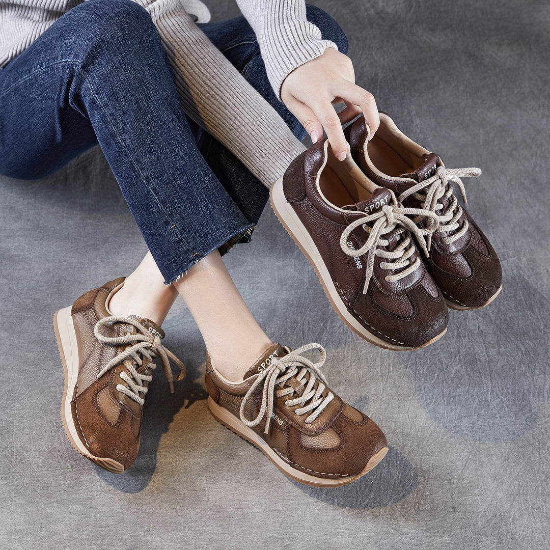 Womens Retro Leather Running Sneakers Vintage Lace-up Low Top Casual Trainers
