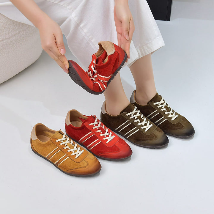 Women's Genuine Leather Retro Sneakers Stripe Patchwork Flat Lace Up Casual Shoes