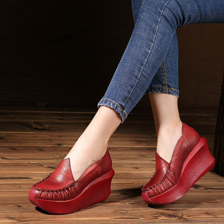 Women's Leather Platform Wedges - Ruched Toe High Heel Slip-ons