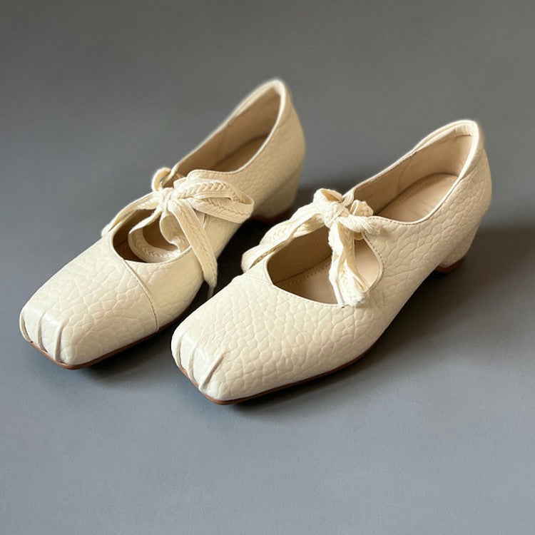 Women's Lychee Pattern Leather Ballet Flats - Square Toe Ribbon Lace-Up Mary Jane Pumps