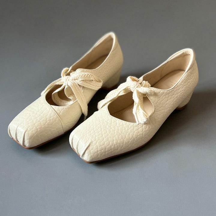 Women's Lychee Pattern Leather Ballet Flats - Square Toe Ribbon Lace-Up Mary Jane Pumps