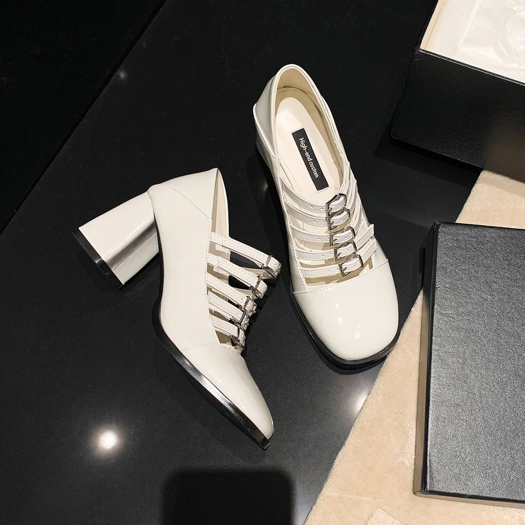 Women's Multi-Strap Mary Jane Heels - Patent Leather Pumps with Comfortable Block Heel