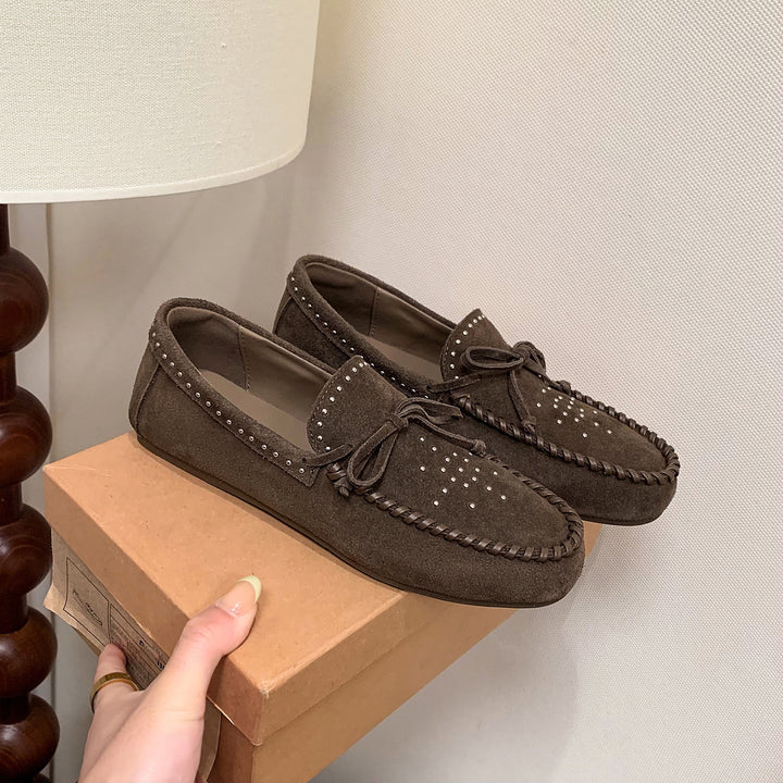 Women's Suede Moccasins - Hand-stitched Studded Loafers with Cowhide Insole