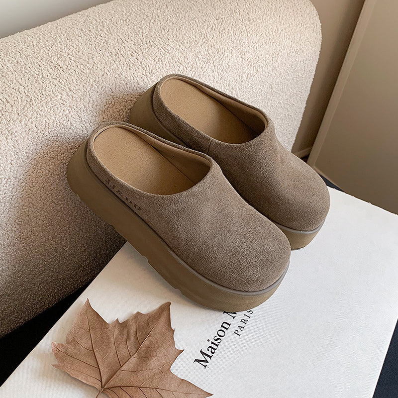 Round Toe Flat Mules – Women’s Cow Suede Comfortable Shoes