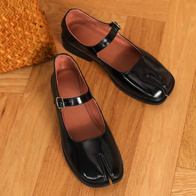 Women's Tabi Split Toe Mary Janes Leather Buckle Strap Shoes Flats