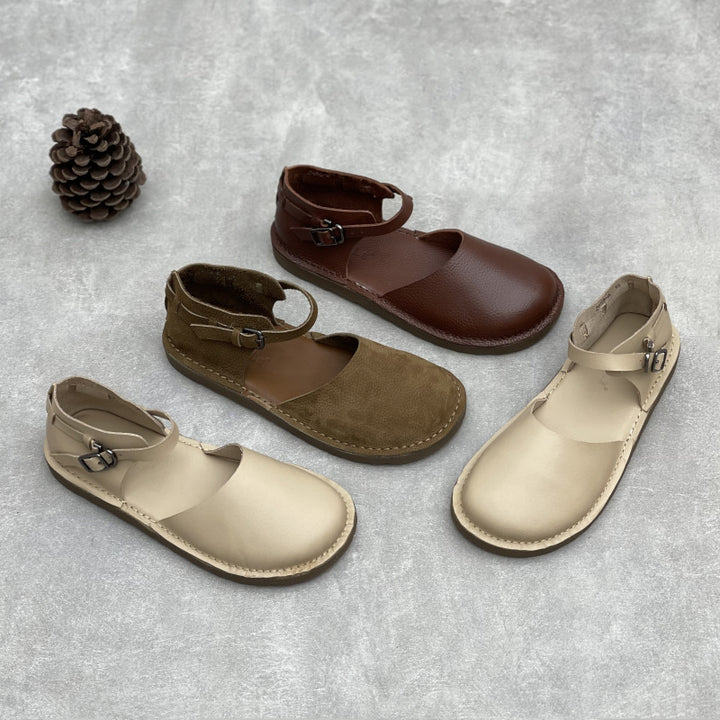 Women's Soft Leather Mary Janes - Round Toe Adjustable Ankle Buckle Strap Flat Sandals Casual Walking Shoes