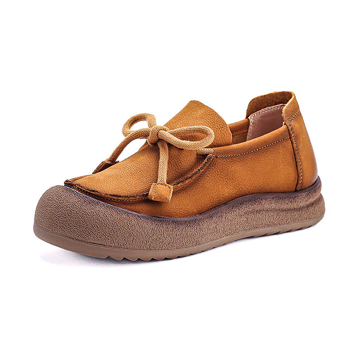 Women's Suede Leather Casual Loafers - Thick Platform Muffin Sole Comfort Walking Shoes with Bow Tie