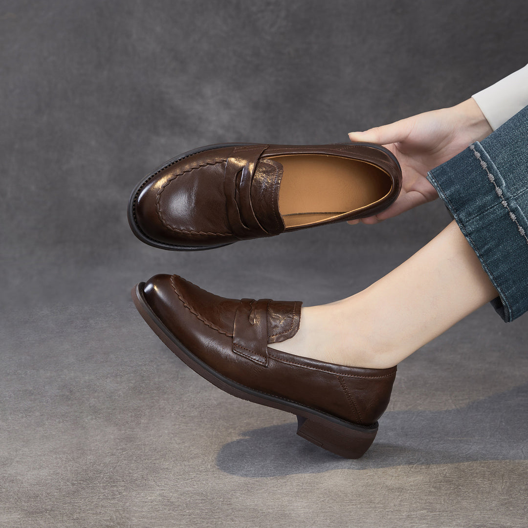 Women's Genuine Leather Penny Loafers Vintage Slip-on Round Toe Low Heel Shoes