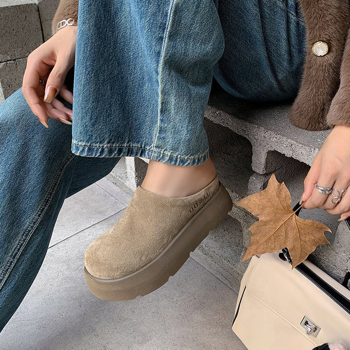 Round Toe Flat Mules – Women’s Cow Suede Comfortable Shoes