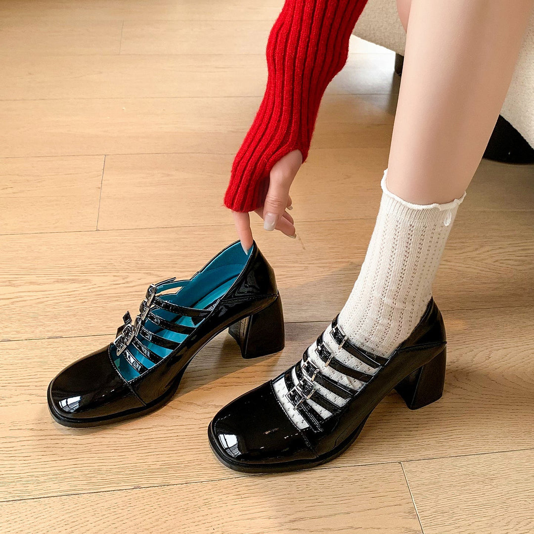 Women's Multi-Strap Mary Jane Heels - Patent Leather Pumps with Comfortable Block Heel