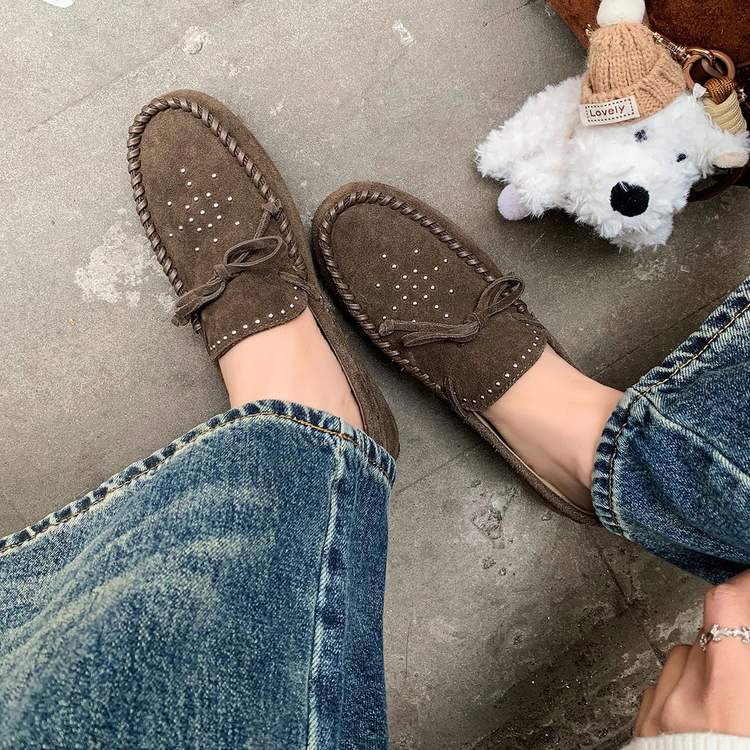 Women's Suede Moccasins - Hand-stitched Studded Loafers with Cowhide Insole