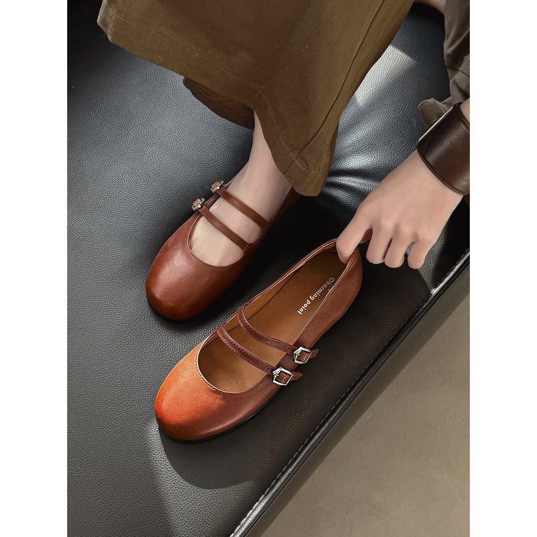 Women's Vintage French Style Leather Ballet Flats - Handcrafted Double Strap Mary Janes
