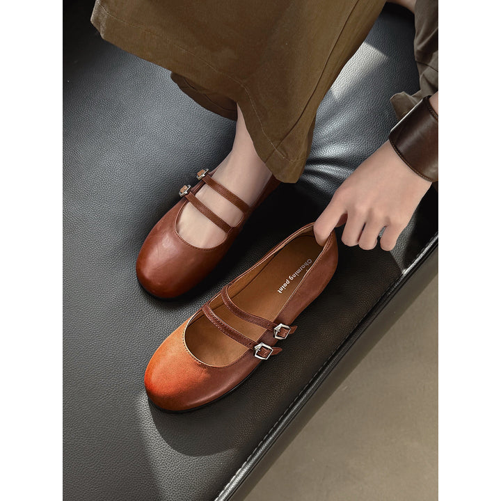 Women's Vintage French Style Leather Ballet Flats - Handcrafted Double Strap Mary Janes