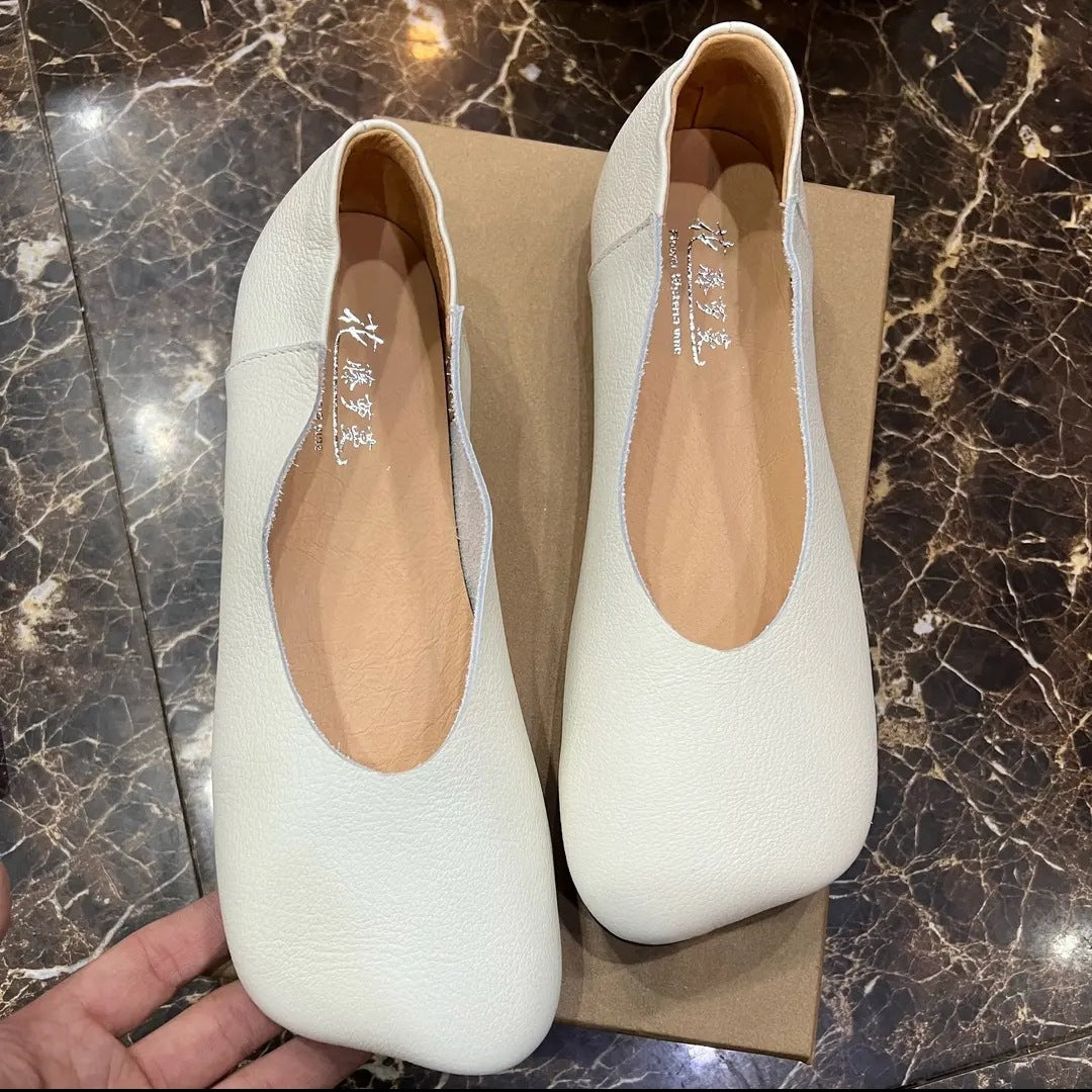 Women's Soft Genuine Leather Ballet Flats - Vintage Square Peep Toe Slip-On Loafers