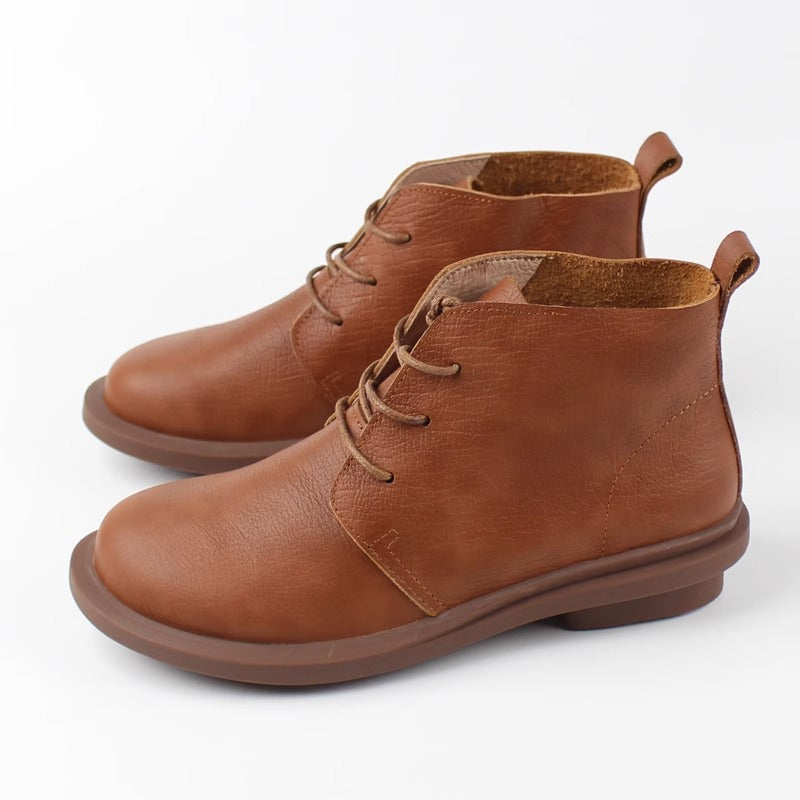 Womens Head Layer Cowhide Retro Short Boots Soft Sole Lace Up British Style Shoes