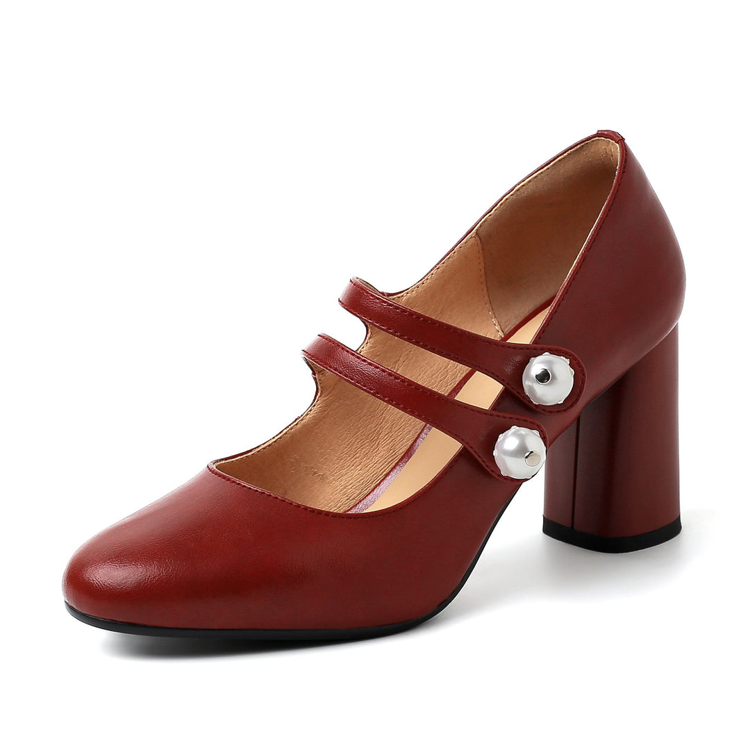 Woman High Heels Round Toe Leather Pearl Buckle Dress Shoes