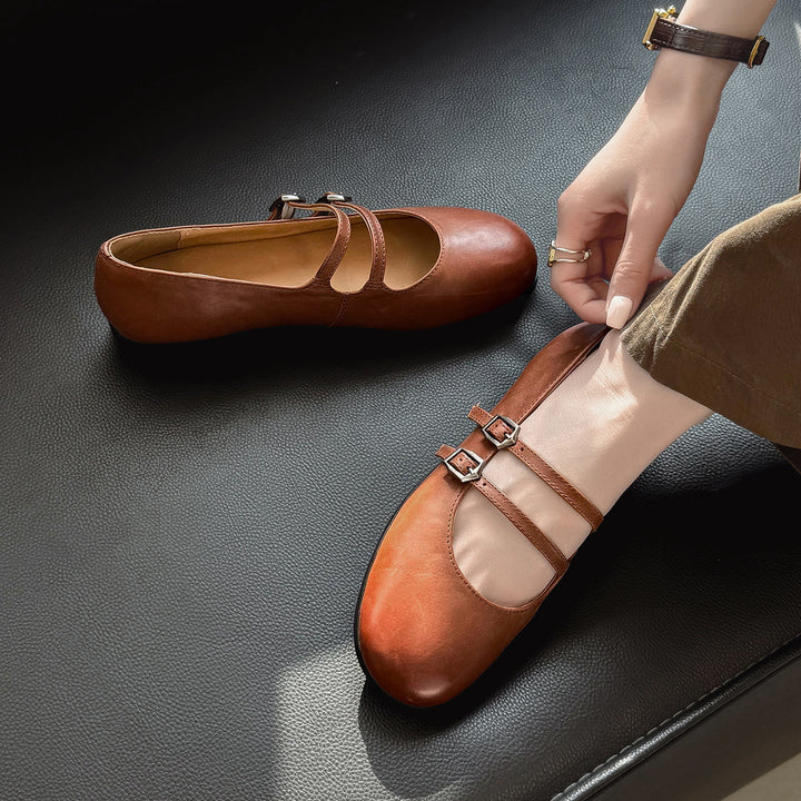 Women's Vintage French Style Leather Ballet Flats - Handcrafted Double Strap Mary Janes