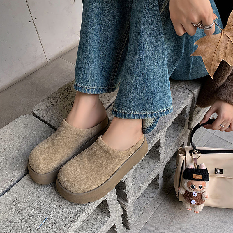 Round Toe Flat Mules – Women’s Cow Suede Comfortable Shoes