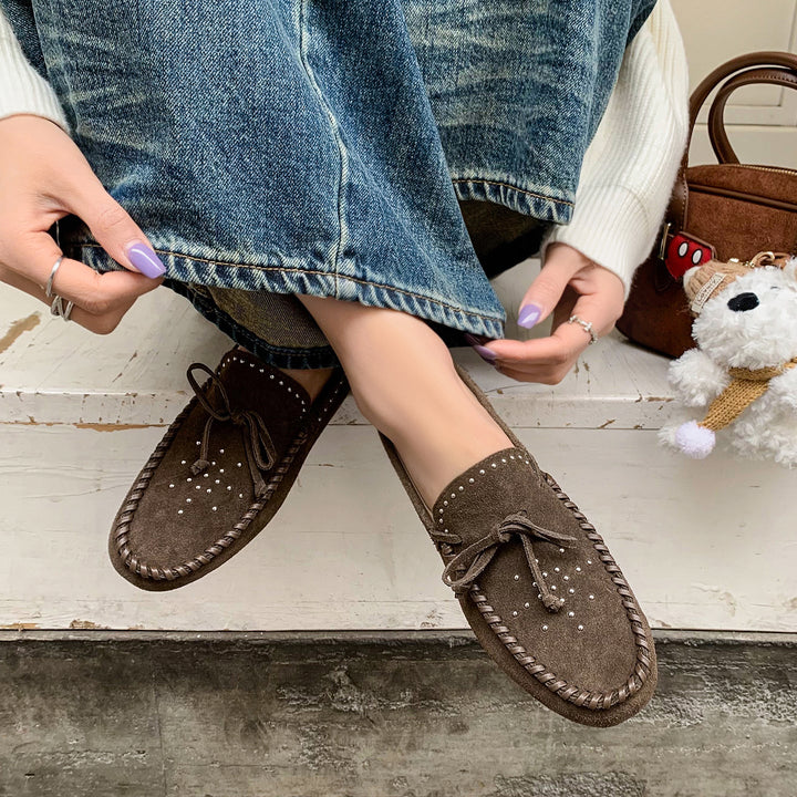 Women's Suede Moccasins - Hand-stitched Studded Loafers with Cowhide Insole
