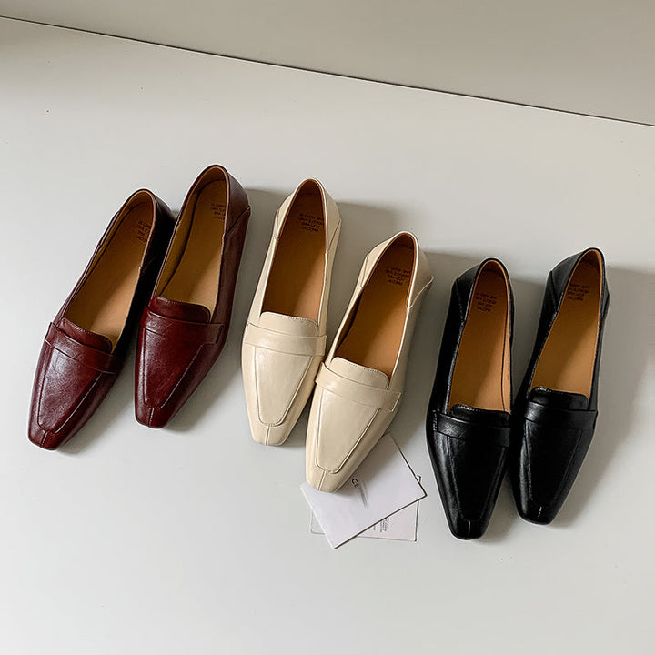 Women Genuine Leather Pointed Toe Retro Slip On Flat Comfortable Loafers