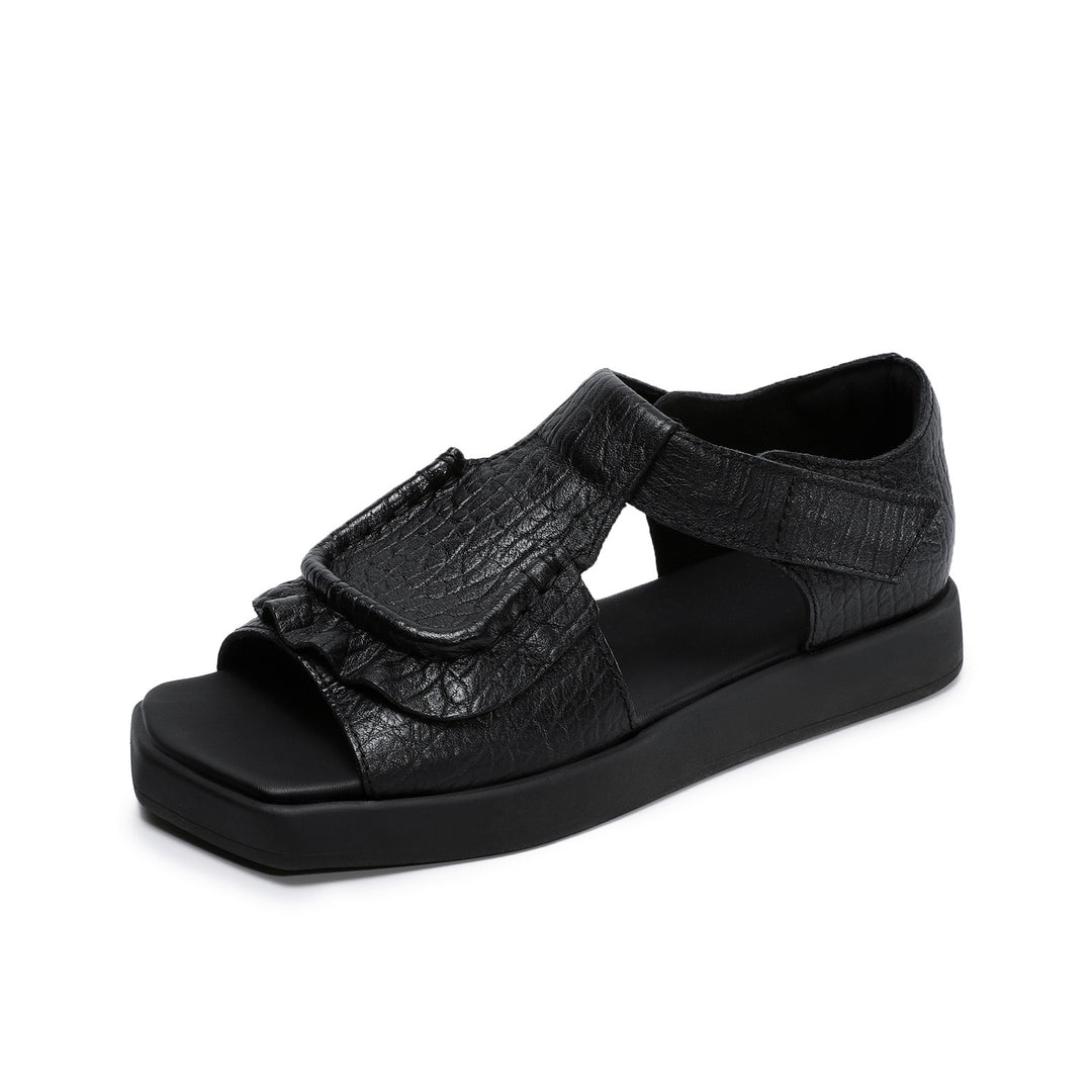 Women's Square Toe Platform Sandals Open Toe Retro Velcro Leather Ruffled Casual Summer Flats