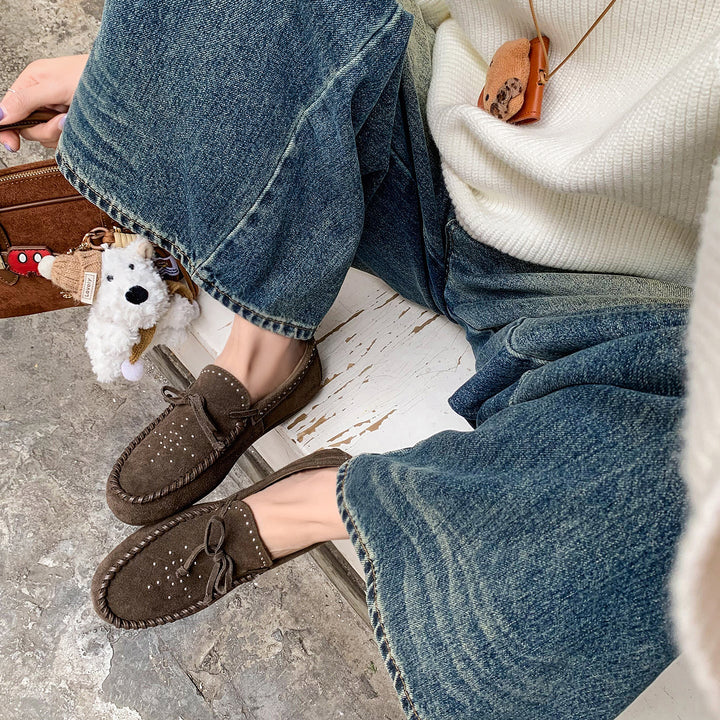 Women's Suede Moccasins - Hand-stitched Studded Loafers with Cowhide Insole