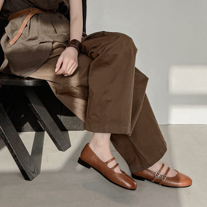 Women's Vintage French Style Leather Ballet Flats - Handcrafted Double Strap Mary Janes