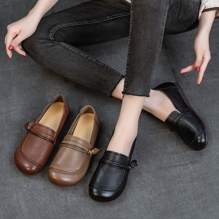 Women's Genuine Leather Knot Loafers Round Toe Slip On Flat Shoes Soft Sole
