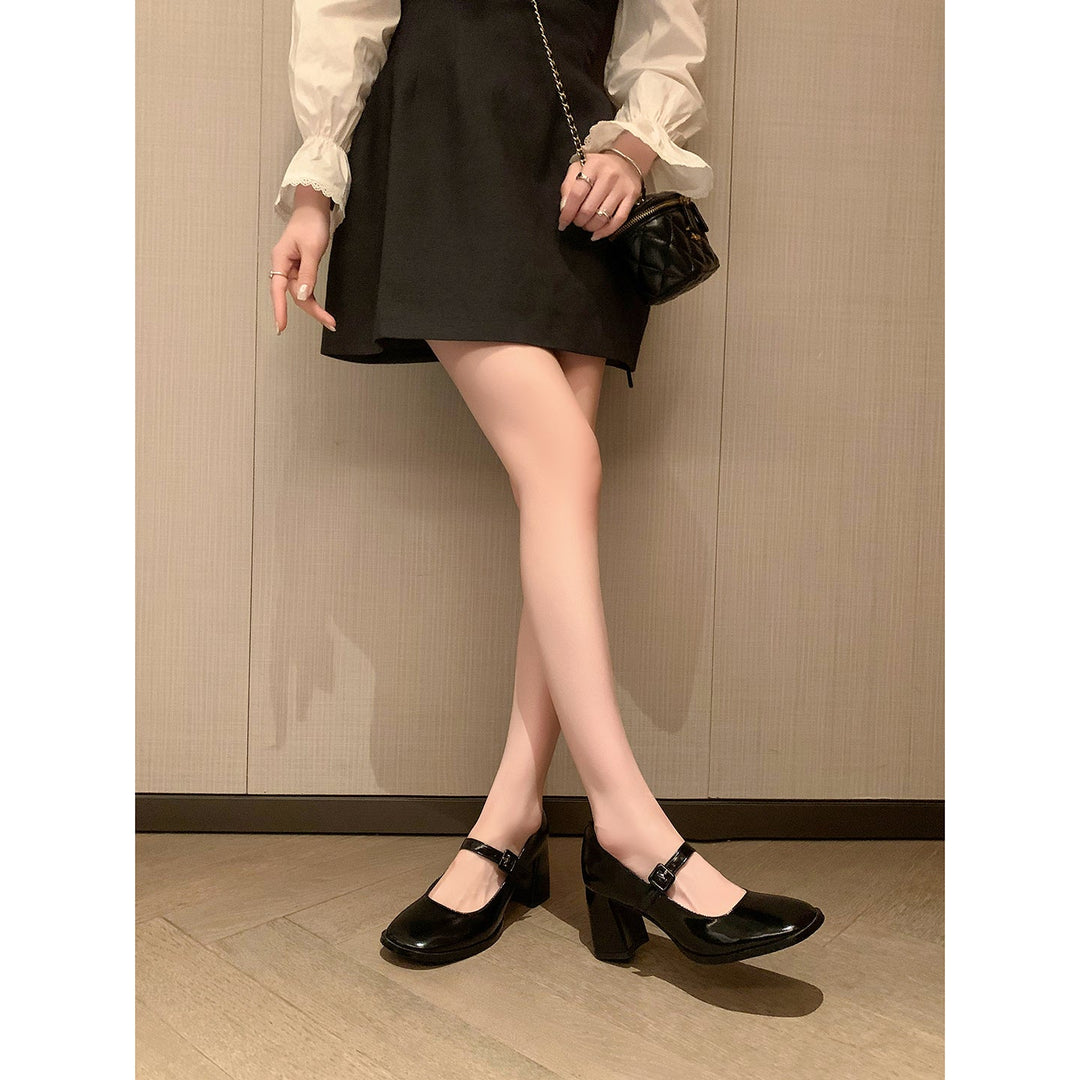 French Vintage Block Heel Mary Janes - Elegant Round Toe Leather Pumps for Office & Daily Wear