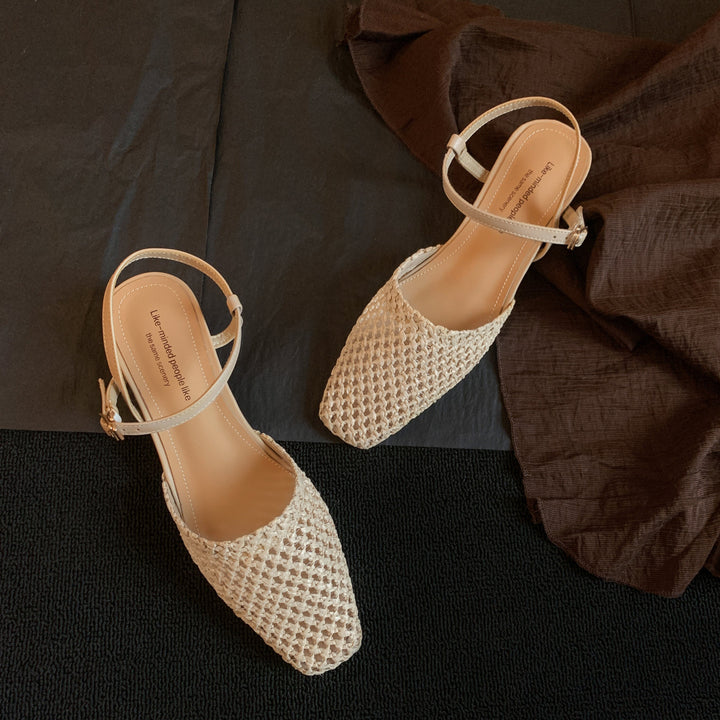 Women's Square Toe Woven Hollow Plate Buckle Low Heel Block Sandals