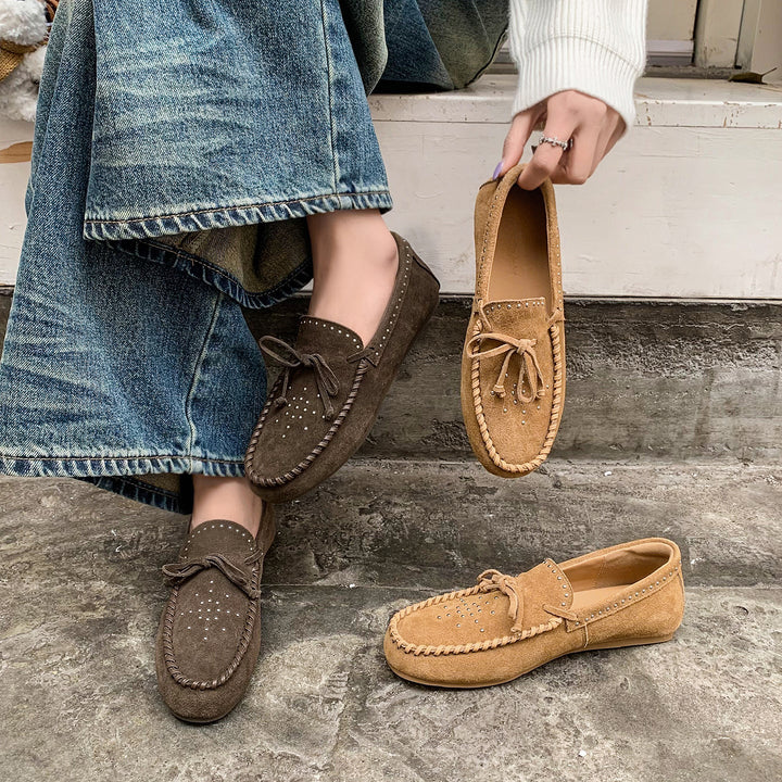 Women's Suede Moccasins - Hand-stitched Studded Loafers with Cowhide Insole