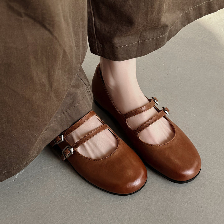 Women's Vintage French Style Leather Ballet Flats - Handcrafted Double Strap Mary Janes