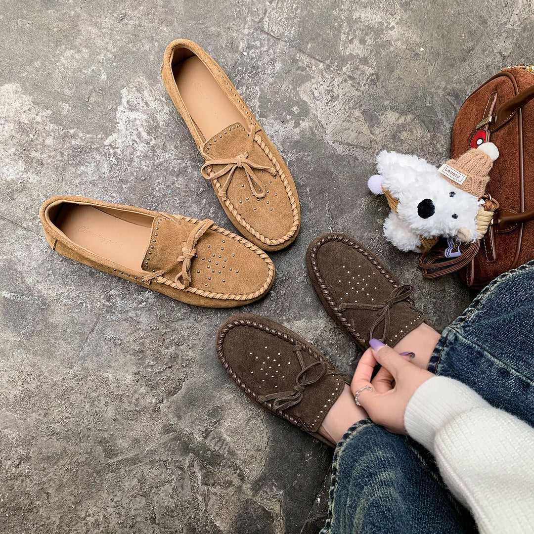 Women's Suede Moccasins - Hand-stitched Studded Loafers with Cowhide Insole
