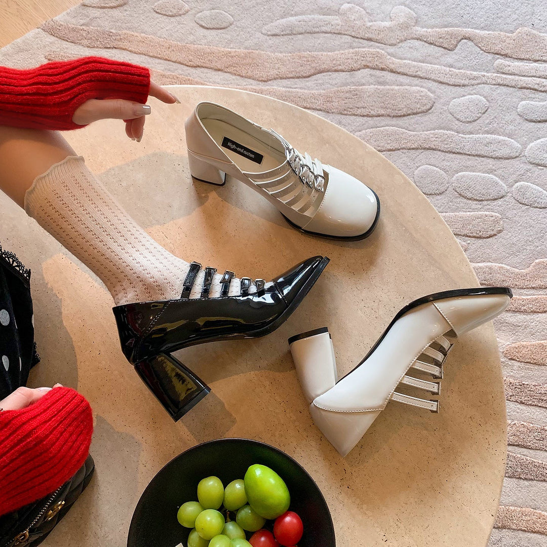 Women's Multi-Strap Mary Jane Heels - Patent Leather Pumps with Comfortable Block Heel