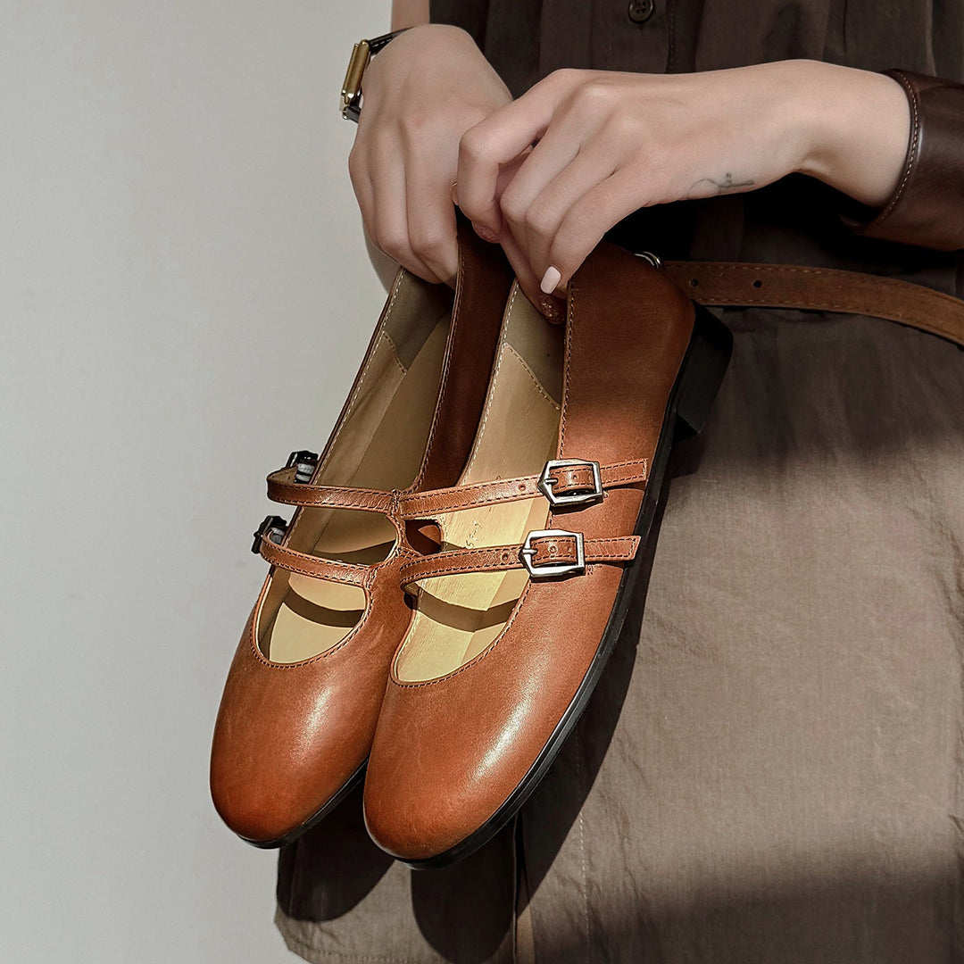 Women's Vintage French Style Leather Ballet Flats - Handcrafted Double Strap Mary Janes