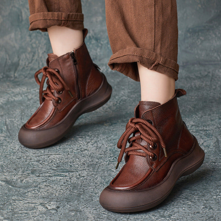 Women's Zip Lace-Up Leather Ankle Boots – Comfortable for Daily Wear