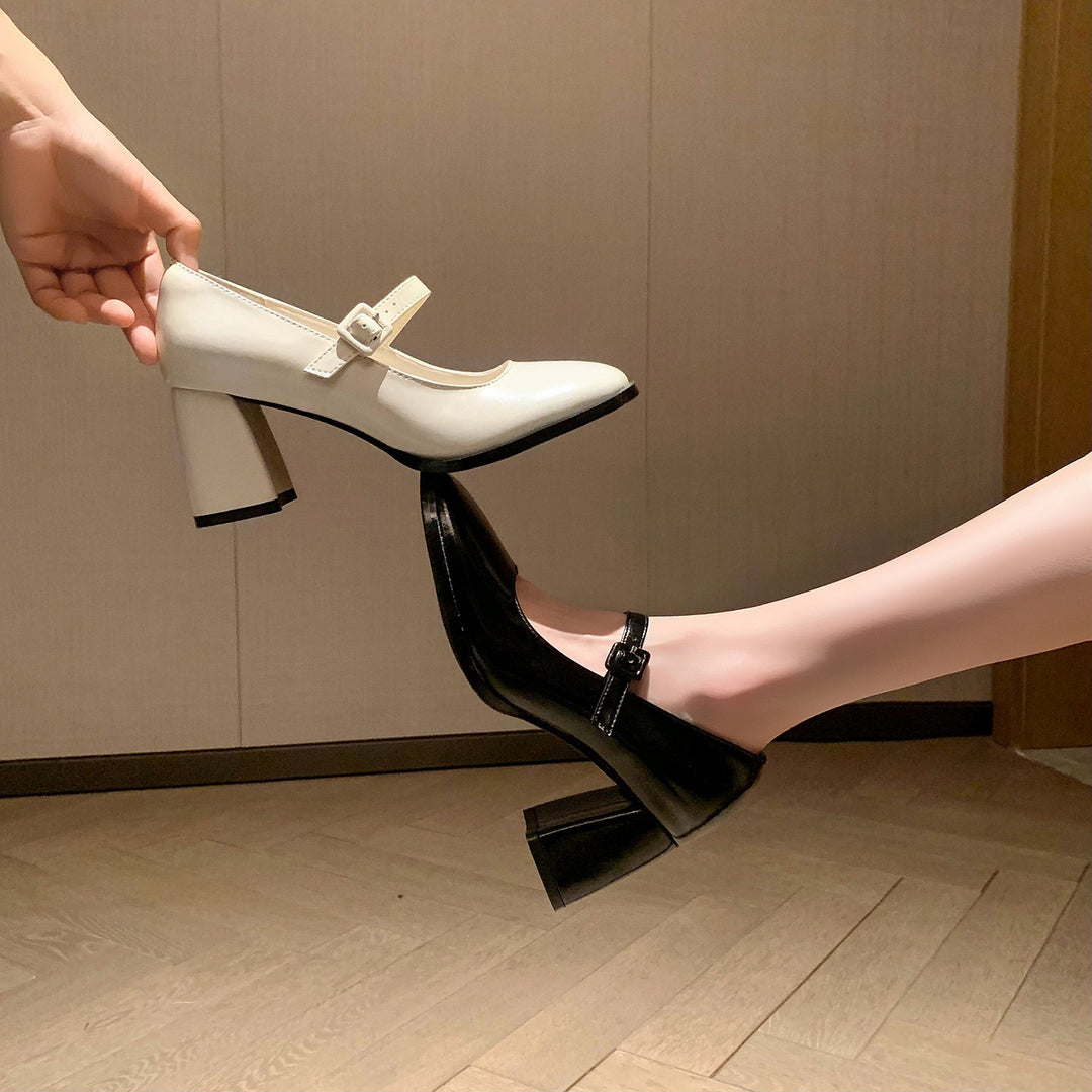 French Vintage Block Heel Mary Janes - Elegant Round Toe Leather Pumps for Office & Daily Wear
