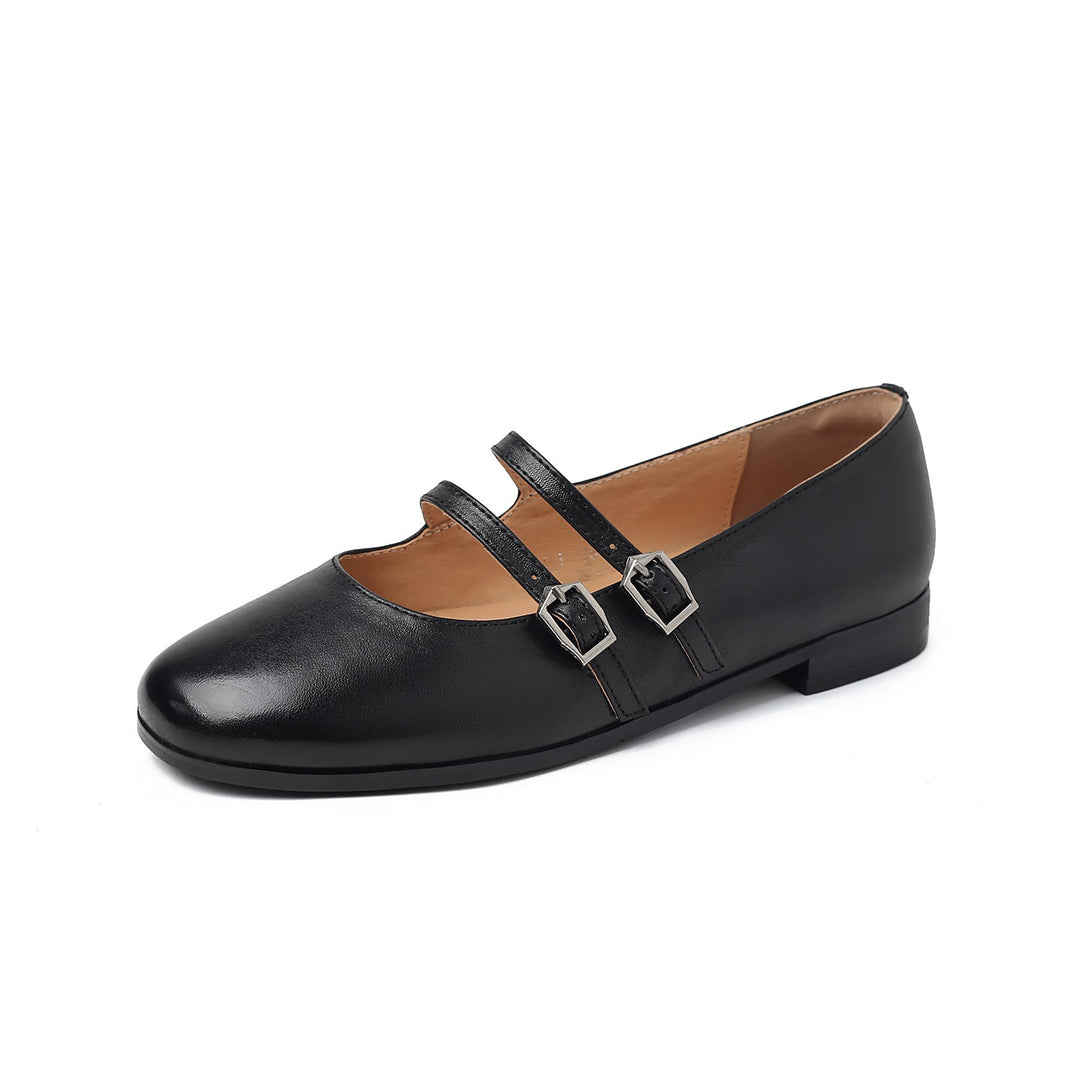 Women's Vintage French Style Leather Ballet Flats - Handcrafted Double Strap Mary Janes