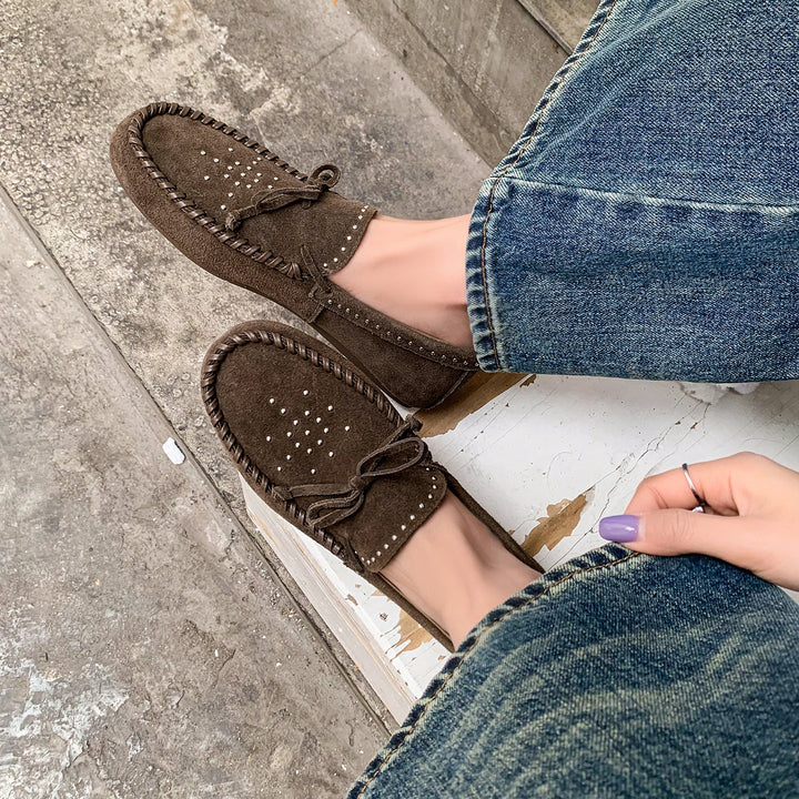 Women's Suede Moccasins - Hand-stitched Studded Loafers with Cowhide Insole