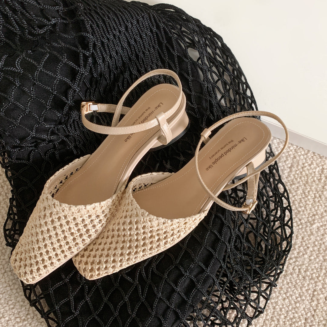 Women's Square Toe Woven Hollow Plate Buckle Low Heel Block Sandals