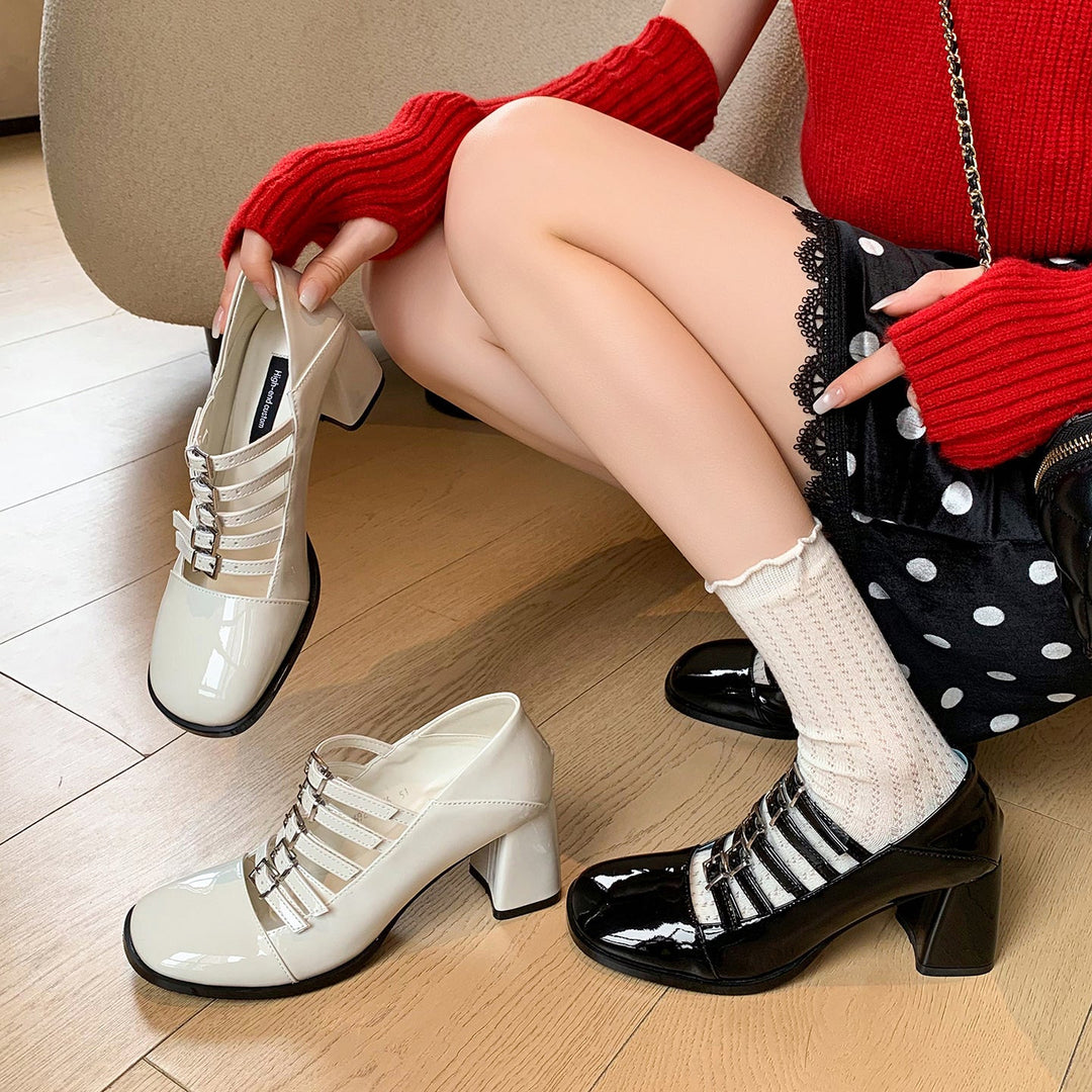 Women's Multi-Strap Mary Jane Heels - Patent Leather Pumps with Comfortable Block Heel