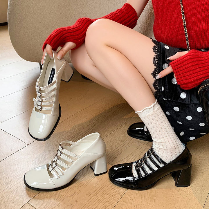 Women's Multi-Strap Mary Jane Heels - Patent Leather Pumps with Comfortable Block Heel