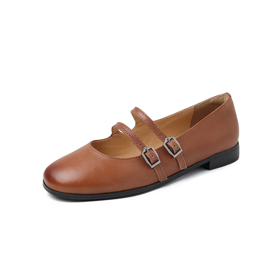 Women's Vintage French Style Leather Ballet Flats - Handcrafted Double Strap Mary Janes