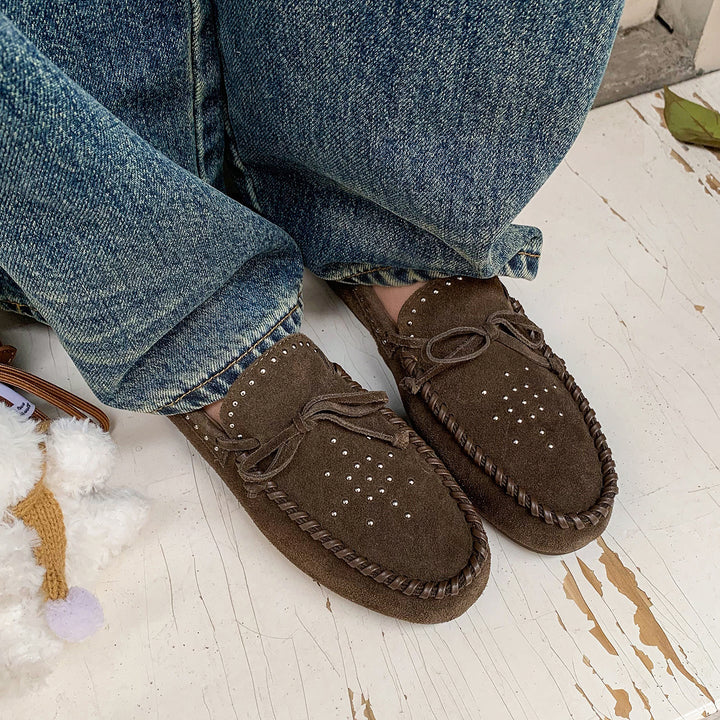 Women's Suede Moccasins - Hand-stitched Studded Loafers with Cowhide Insole