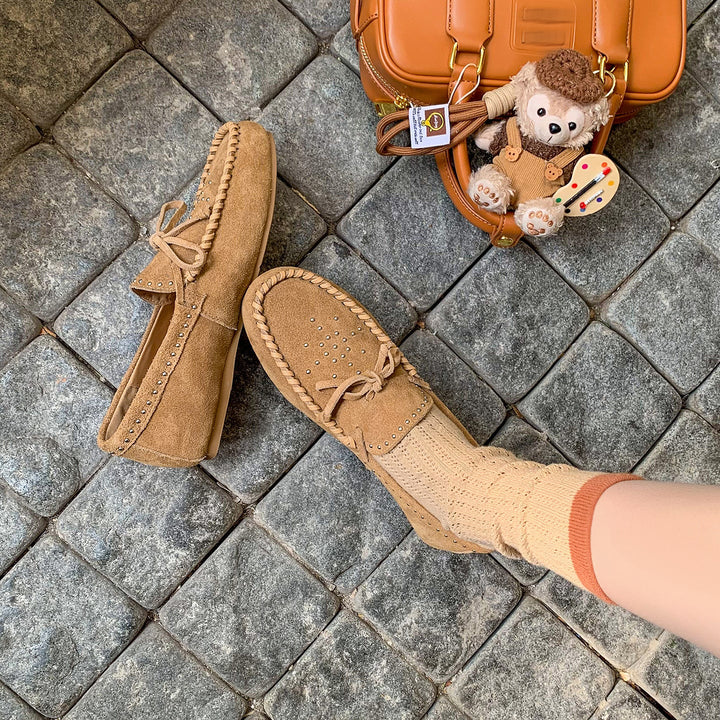 Women's Suede Moccasins - Hand-stitched Studded Loafers with Cowhide Insole