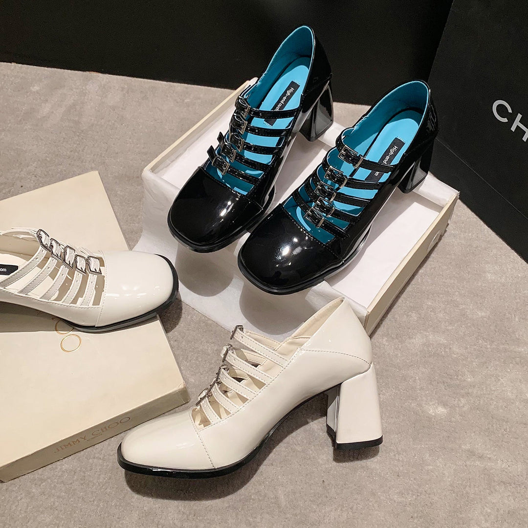 Women's Multi-Strap Mary Jane Heels - Patent Leather Pumps with Comfortable Block Heel