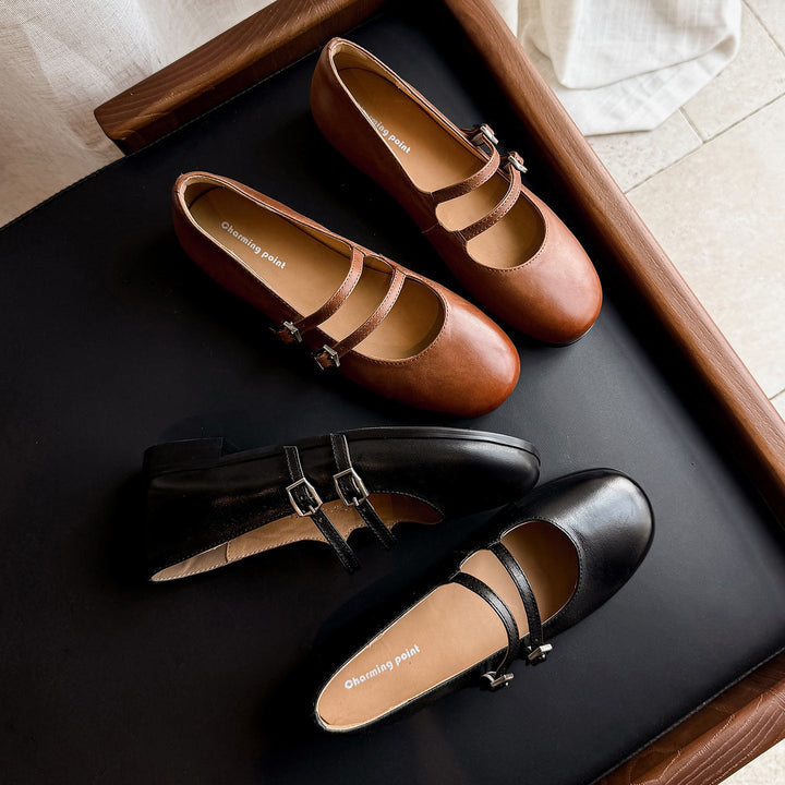 Women's Vintage French Style Leather Ballet Flats - Handcrafted Double Strap Mary Janes